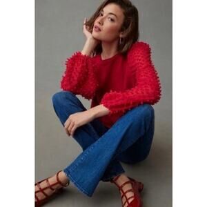 Maeve Red Sheer Patterned Puffer Sleeves Vibrant Blouse Top Size Large